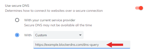 Screenshot showing how to customize DNS over HTTPS for Brave Screenshot showing how to customize DNS over HTTPS for Brave