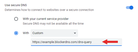 Screenshot showing how to customize DNS over HTTPS for Chrome Screenshot showing how to customize DNS over HTTPS for Chrome