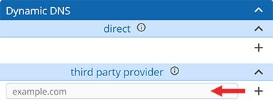 Screenshot showing Dynamic DNS third-party provider section of account settings Screenshot showing Dynamic DNS third-party provider section of account settings