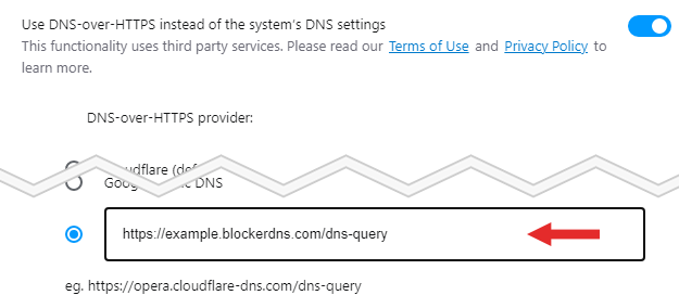 Screenshot showing how to customize DNS over HTTPS for Opera Screenshot showing how to customize DNS over HTTPS for Opera