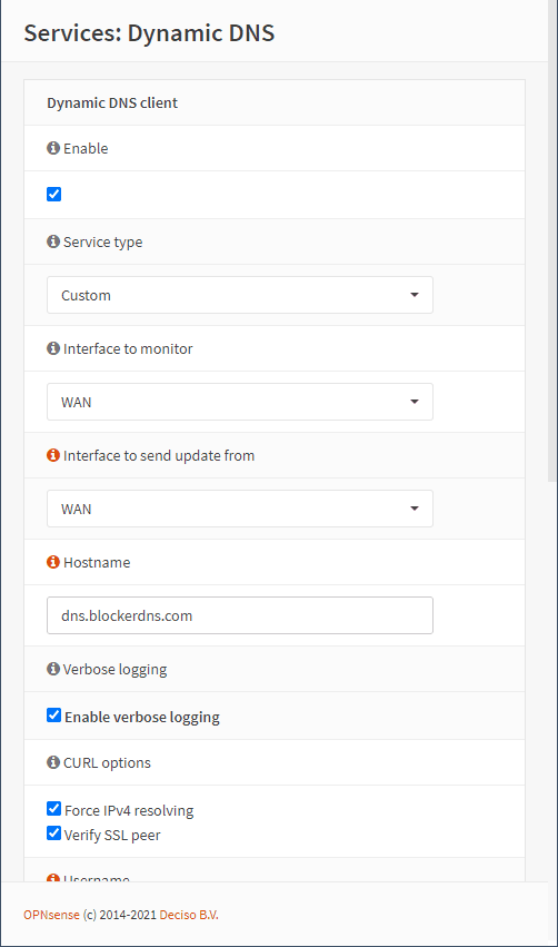 Screenshot showing dynamic DNS settings for OPNsense router Screenshot showing dynamic DNS settings for OPNsense router